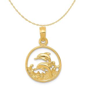 China Carat in Karats 14K Yellow Gold Double Dolphin Circle Pendant Charm With 10K Yellow Gold Lightweight Rope Chain Necklace supplier