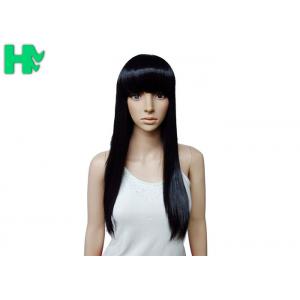 Soft Long High Temperature Fiber Black Hair Wigs With Bangs 16 Inches