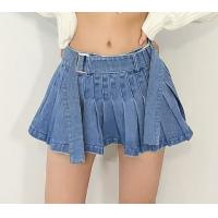 China Oem Apparel Manufacturers Women'S Pleated Skirt With Belt A - Line Skirt High Waist Denim Skirt on sale