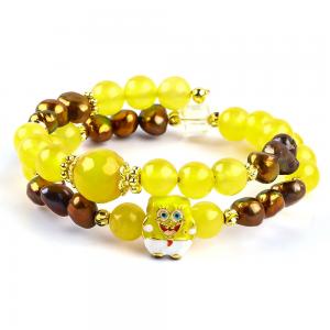 Healing Real Crystal Yellow Chalcedony And Coffee Color Freshwater Pearl With Spongebob Cartoon Charm Bracelet