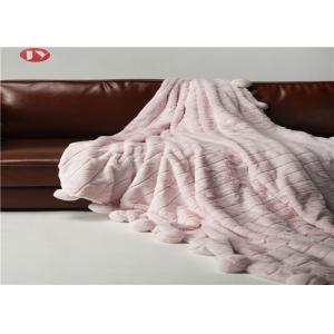 Rabbit Faux Animal Fur Blanket Throw Pink Warm Cozy Cover With Pompoms Fringe Solid