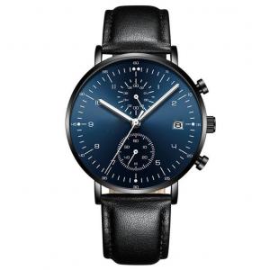 Chronograph Function Alloy Men Quartz Wristwatch Black Genuine Leather Strap Watch