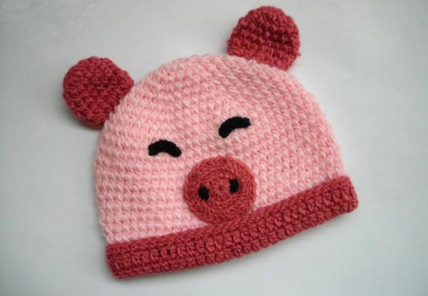 Вяжите животные шляпы крючком для детей, розового десисн свиньи