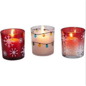 Red Christmas glass votive candle holder with white snow for Christmas decor ornament