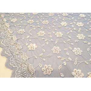 China Embroidered White And Blue Sequin Floral Lace Fabric With Scalloped Edging wholesale