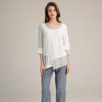 China Splicing Cloth Casual Linen Clothing Back Pleated Round Neck Long Tops For Ladies on sale