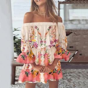 One Line Collar Knee Length Printed Dress Sexy Floral Dress Waist Loose Dress