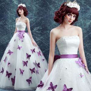 Off The Shoulder Purple Sashes Purple Butterfly Floor Length Organza Wedding Dress TSJY174