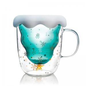 Christmas Wish Tree 250ml Glass Cup ,Insulated Glass Coffee Mugs With Lid