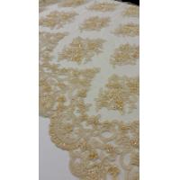China French Stretch Beige Pearl Beaded Wedding Lace Fabric With Scalloped Edge on sale