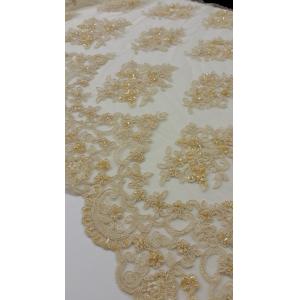 China French Stretch Beige Pearl Beaded Wedding Lace Fabric With Scalloped Edge supplier