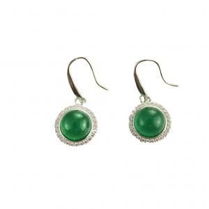 Sterling Silver 9mm Round Green Jade  Cubic Zirconia Dangle Earrings( PSJ025E)