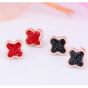 4 Leave Clover Stud Earrings for Girs Stainless Steel Inlaid Red Crystal Earrings  Fashion Jewelry