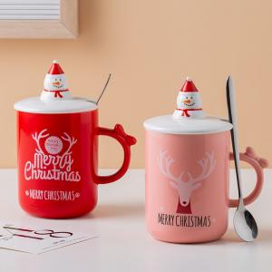 New Festival Mug Christmas Round Santa Claus Lid Stainless Steel Spoon Elk Pattern Ceramic Mug With Cover