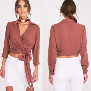 China Latest Fashion Ladies Wrap Blouse With Tie supplier