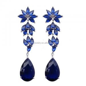 China Wedding Jewelry, Long earring blue Tanzanite Color Stone 925 Silver Rhodium Plated supplier