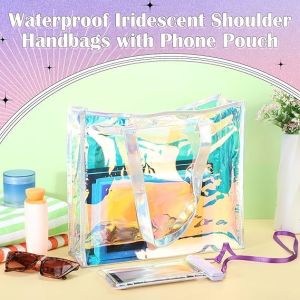 Beach Totes Bags For Women Waterproof Iridescent Shoulder Handbags With Phone Pouch Clear Beach Bag, Foldable & Washable Tote Bag For Work Gym Pool, Travel Wedding, Compatible