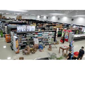 Wood Steel Supermarket Store Fixtures Double Sided Gondola Supermarket Shelving Racks