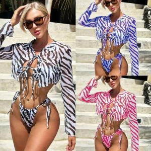 Striped Printed 3 Piece Swimwear Shirt Collar Mesh Sexy Three Piece Bikini Set