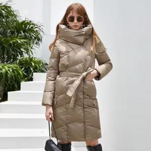                  Winter Long Thick Padded Coat Women Printed Fabric Coat Fashion Casual Belted Jacket             