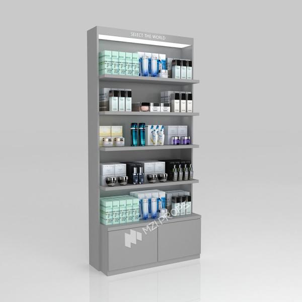 China Retail Display Shelf Grey Wooden Counter, Stylish And Simple, With Hidden Led Lights Inside For Branding Display Shelf And Trendy Display Rack supplier