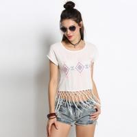 China tops for women 2016 Women Round Neck Embroidery Tassel Blouse Crop Tops on sale