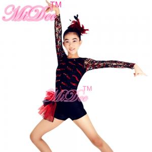 Adult Jazz Costumes Sequined Lace Long Sleeve Leotard Shorts With Side Suttles