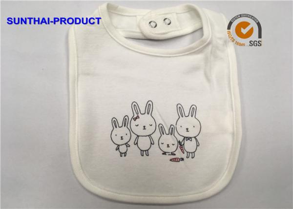 Rabbit Screen Print White Cotton Baby Bibs Single Layer Ring Snap For Closure
