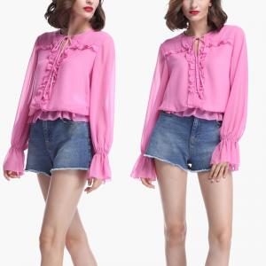 Women Fashionable Long Sleeve Pink Blouse With Ruffles