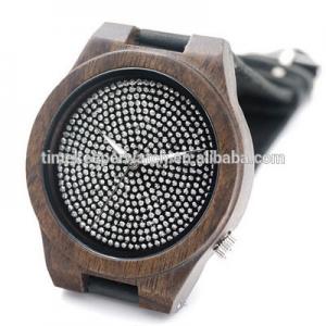 China Black Natural Bamboo Wooden Watch Genuine Brown Leather Strap Full Diamond Dial Japanese Quartz Movement Men Casual Watch supplier