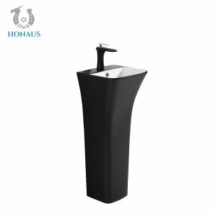 Self Cleaning Glaze Black Pedestal Sink Vertical Column Porcelain Pedestal Basin