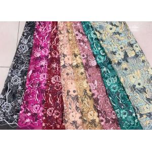 Gold Silver Sequin Fabric , Multi Colored Embroidered Floral Dress Lace Fabric For Gown