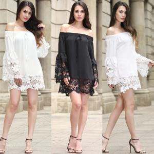 China sexy flounce off shoulder lace trim chiffon ladies' black and white  tops wholesale women blouse with elastic band supplier