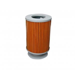Round Outdoor Trash Cans , Mild Steel Solid Wood Trash Bin With Galvanized Liner