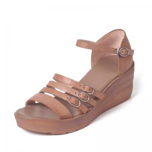 HZM020 Sandals, Women'S Leather Slope With Women'S Sandals, Casual All-Match Word Belt Buckle, Women'S Sandals, Leather