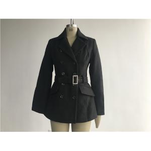 Ladies Black Double Breasted Coat , Large Lapel Collar Wool Melton Coat With Belt TW64802
