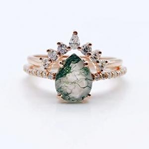 Natural Moss Agate Ring Set For Women Pear Shaped Gold Ring  For Women
