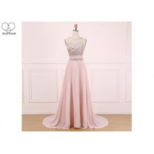 Sweep Train A Line Ball Gown , Beaded Chiffon Blush Pink Prom Dress Sleeveless