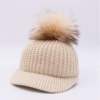 China Wool Top Winter Baseball Hats , Real Raccoon Fur Mens Pom Pom Beanie Hats on sale