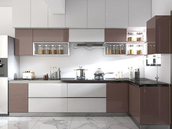 L Shape 5M High Glossy Finish Modular Kitchen Cabinets With Counter Top And Wall Cabinet