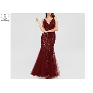 Embroidery Sequins Sparkly Burgundy Bridesmaid Dresses V Neck Tulle Fishtail
