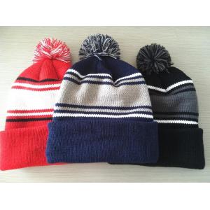 China Hand Printing Lined Pom Pom Hat , Crochet Pattern Knitted Pom Pom Beanie Hat supplier