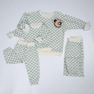 230gsm Family Matching Clothes Set French Terry Crew Neck Long Sleeve Checkered Sweatsuit