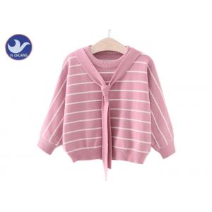 Batwing Sleeves Neck Tie Girls Pullover Sweaters Stripes Type Loose Fitting