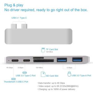 7 in 1 Dual Type-C Docking Station Thunderbolt 3 Hub for 2016/2017 MacBook Pro with 100W Power Delivery USB-C Adapter