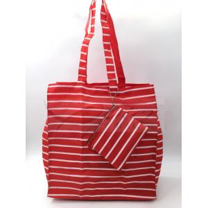 China Red Stripe Polyester Reusable Shopping Bags With Pouch OEM / ODM Available supplier