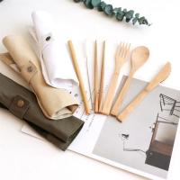 China Travel Organic Bamboo Spoon Fork Chopsticks Flatware Utensil Cutlery Set In Pouch on sale