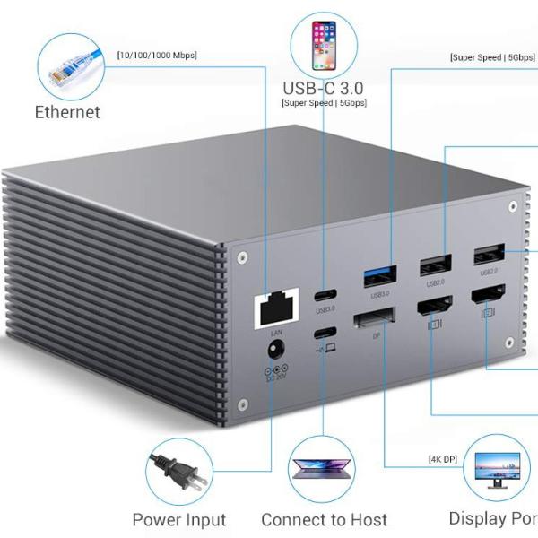 12-в-1 серый Alumilum USB C стыковочная станция для Windows MacOS и Linux - разрешение дисплея 4K 60Hz