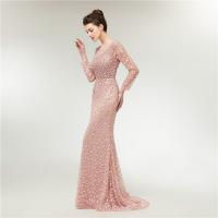 Pink Sexy Long Sleeve Lace Long Dress , Lace Evening Dresses For Cocktail