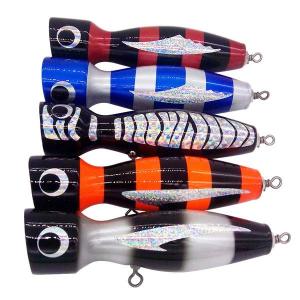 China 3D eyes multi color 130mm 70g hard wood body handmade fishing popper wooden fishing lure wholesale supplier